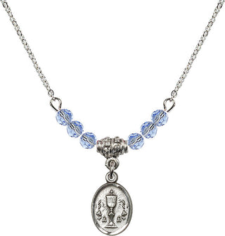 18" Rhodium Plated Necklace with 4mm Light Sapphire Crystal Beads featuring a Sterling Silver Chalice Medal.