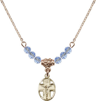 18" Hamilton Gold Plated Necklace with 4mm Light Sapphire Crystal Beads featuring a 14kt Gold Filled Crucifix Medal.