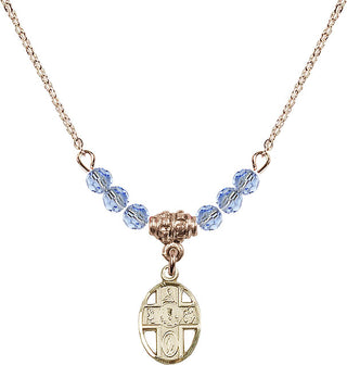 18" Hamilton Gold Plated Necklace with 4mm Light Sapphire Crystal Beads featuring a 14kt Gold Filled 5-Way / Chalice Medal.