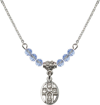 18" Rhodium Plated Necklace with 4mm Light Sapphire Crystal Beads featuring a Sterling Silver 5-Way Medal.