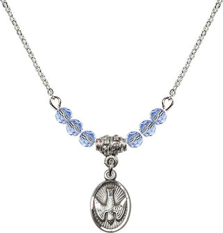18" Rhodium Plated Necklace with 4mm Light Sapphire Crystal Beads featuring a Sterling Silver Holy Spirit Medal.
