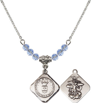 18" Rhodium Plated Necklace with 4mm Light Sapphire Crystal Beads featuring a Sterling Silver Air Force Diamond Medal.