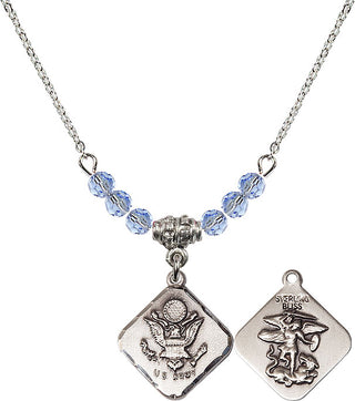 18" Rhodium Plated Necklace with 4mm Light Sapphire Crystal Beads featuring a Sterling Silver Army Diamond Medal.