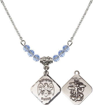18" Rhodium Plated Necklace with 4mm Light Sapphire Crystal Beads featuring a Sterling Silver Nat'l Guard Diamond Medal.