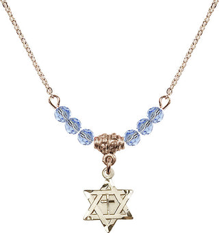 18" Hamilton Gold Plated Necklace with 4mm Light Sapphire Crystal Beads featuring a 14kt Gold Filled Star of David with Cross Medal.