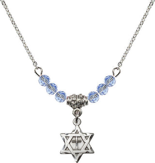 18" Rhodium Plated Necklace with 4mm Light Sapphire Crystal Beads featuring a Sterling Silver Star of David with Cross Medal.