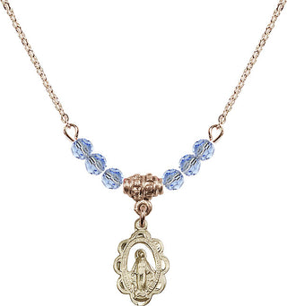 18" Hamilton Gold Plated Necklace with 4mm Light Sapphire Crystal Beads featuring a 14kt Gold Filled Miraculous Medal.