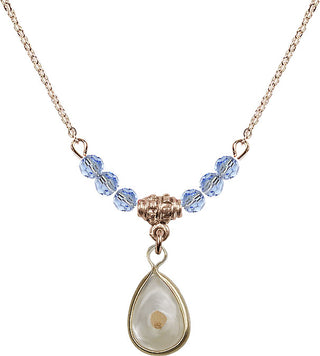18" Hamilton Gold Plated Necklace with 4mm Light Sapphire Crystal Beads featuring a 14kt Gold Filled Mustard Seed Medal.