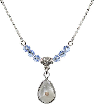 18" Rhodium Plated Necklace with 4mm Light Sapphire Crystal Beads featuring a Sterling Silver Mustard Seed Medal.