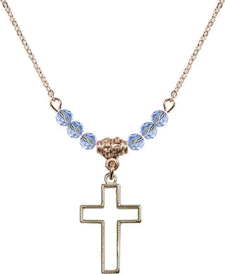 18" Hamilton Gold Plated Necklace with 4mm Light Sapphire Crystal Beads featuring a 14kt Gold Filled Cross Medal.