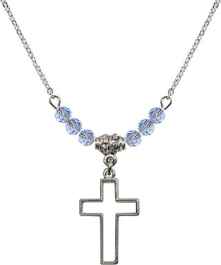 18" Rhodium Plated Necklace with 4mm Light Sapphire Crystal Beads featuring a Sterling Silver Cross Medal.