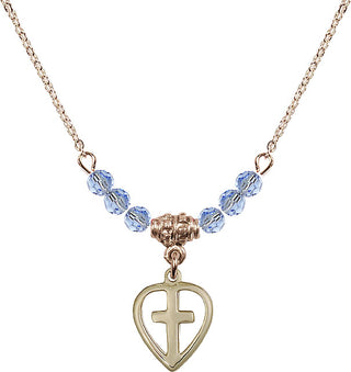 18" Hamilton Gold Plated Necklace with 4mm Light Sapphire Crystal Beads featuring a 14kt Gold Filled Heart / Cross Medal.