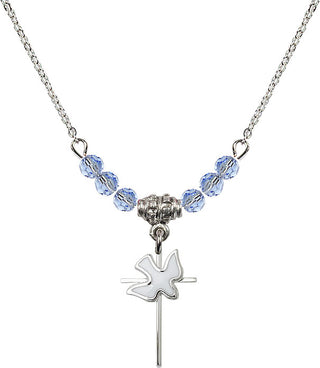 18" Rhodium Plated Necklace with 4mm Light Sapphire Crystal Beads featuring a Sterling Silver Cross / Holy Spirit Medal.