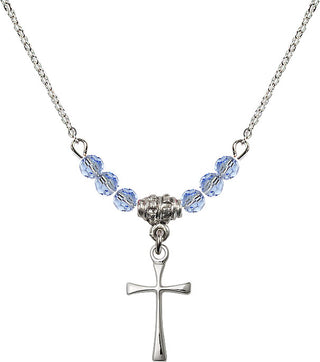 18" Rhodium Plated Necklace with 4mm Light Sapphire Crystal Beads featuring a Sterling Silver Maltese Cross Medal.