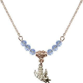 18" Hamilton Gold Plated Necklace with 4mm Light Sapphire Crystal Beads featuring a 14kt Gold Filled Guardian Angel Medal.