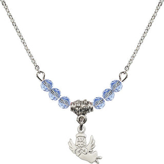 18" Rhodium Plated Necklace with 4mm Light Sapphire Crystal Beads featuring a Sterling Silver Guardian Angel Medal.