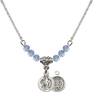 18" Rhodium Plated Necklace with 4mm Light Sapphire Crystal Beads featuring a Sterling Silver Saint Benedict Medal.