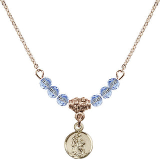 18" Hamilton Gold Plated Necklace with 4mm Light Sapphire Crystal Beads featuring a 14kt Gold Filled Saint Christopher Medal.