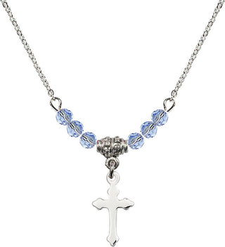 18" Rhodium Plated Necklace with 4mm Light Sapphire Crystal Beads featuring a Sterling Silver Cross Medal.