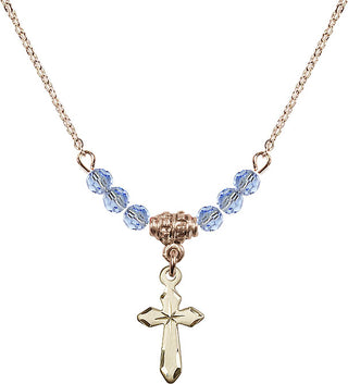 18" Hamilton Gold Plated Necklace with 4mm Light Sapphire Crystal Beads featuring a 14kt Gold Filled Cross Medal.