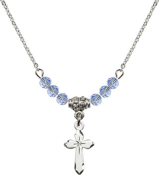 18" Rhodium Plated Necklace with 4mm Light Sapphire Crystal Beads featuring a Sterling Silver Cross Medal.