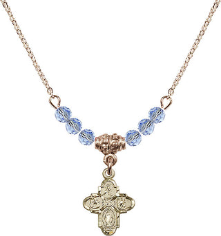 18" Hamilton Gold Plated Necklace with 4mm Light Sapphire Crystal Beads featuring a 14kt Gold Filled 4-Way Medal.