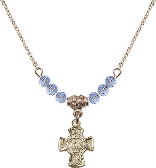 18" Hamilton Gold Plated Necklace with 4mm Light Sapphire Crystal Beads featuring a 14kt Gold Filled 5-Way Medal.