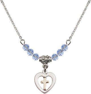 18" Rhodium Plated Necklace with 4mm Light Sapphire Crystal Beads featuring a Gold Filled / Sterling Silver Heart / Cross Medal.