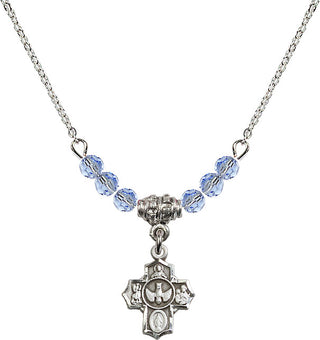 18" Rhodium Plated Necklace with 4mm Light Sapphire Crystal Beads featuring a Sterling Silver 5-Way Medal.