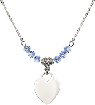 18" Rhodium Plated Necklace with 4mm Light Sapphire Crystal Beads featuring a Sterling Silver Heart Medal. Engraved Catholic Saint Jewelry