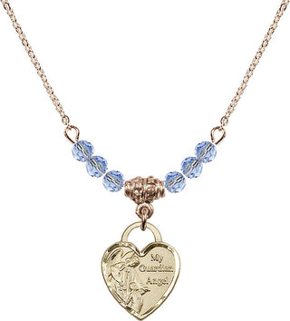 18" Hamilton Gold Plated Necklace with 4mm Light Sapphire Crystal Beads featuring a 14kt Gold Filled Guardian Angel Heart Medal. Engraved Catholic Saint Jewelry
