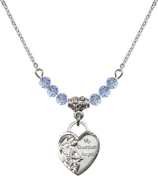 18" Rhodium Plated Necklace with 4mm Light Sapphire Crystal Beads featuring a Sterling Silver Guardian Angel Heart Medal. Engraved Catholic Saint Jewelry