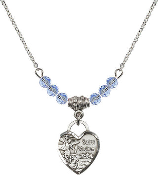18" Rhodium Plated Necklace with 4mm Light Sapphire Crystal Beads featuring a Sterling Silver Saint Michael Heart Medal. Engraved Catholic Saint Jewelry
