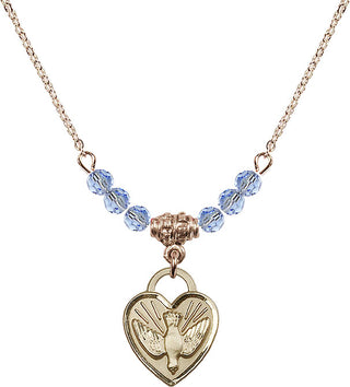18" Hamilton Gold Plated Necklace with 4mm Light Sapphire Crystal Beads featuring a 14kt Gold Filled Confirmation Heart Medal. Engraved Catholic Saint Jewelry