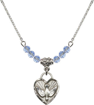 18" Rhodium Plated Necklace with 4mm Light Sapphire Crystal Beads featuring a Sterling Silver Confirmation Heart Medal. Engraved Catholic Saint Jewelry
