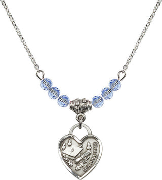 18" Rhodium Plated Necklace with 4mm Light Sapphire Crystal Beads featuring a Sterling Silver Graduation Heart Medal. Engraved Catholic Saint Jewelry