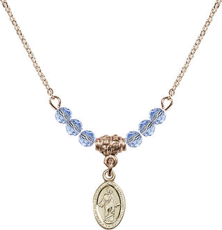 18" Hamilton Gold Plated Necklace with 4mm Light Sapphire Crystal Beads featuring a 14kt Gold Filled Scapular Medal.