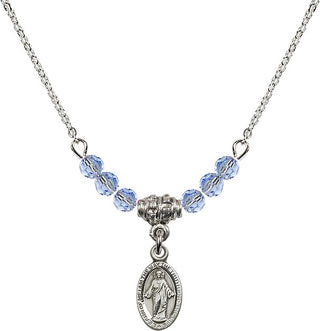 18" Rhodium Plated Necklace with 4mm Light Sapphire Crystal Beads featuring a Sterling Silver Scapular Medal.