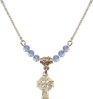 18" Hamilton Gold Plated Necklace with 4mm Light Sapphire Crystal Beads featuring a 14kt Gold Filled Celtic Cross Medal.