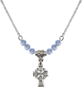 18" Rhodium Plated Necklace with 4mm Light Sapphire Crystal Beads featuring a Sterling Silver Celtic Cross Medal.