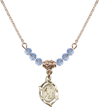 18" Hamilton Gold Plated Necklace with 4mm Light Sapphire Crystal Beads featuring a 14kt Gold Filled Guardian Angel Medal.