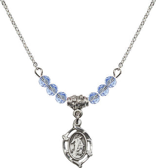 18" Rhodium Plated Necklace with 4mm Light Sapphire Crystal Beads featuring a Sterling Silver Guardian Angel Medal.