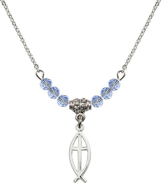 18" Rhodium Plated Necklace with 4mm Light Sapphire Crystal Beads featuring a Sterling Silver Fish / Cross Medal.
