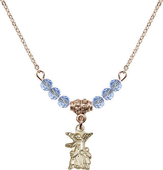 18" Hamilton Gold Plated Necklace with 4mm Light Sapphire Crystal Beads featuring a 14kt Gold Filled Guardian Angel Medal.