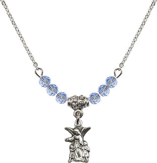 18" Rhodium Plated Necklace with 4mm Light Sapphire Crystal Beads featuring a Sterling Silver Guardian Angel Medal.
