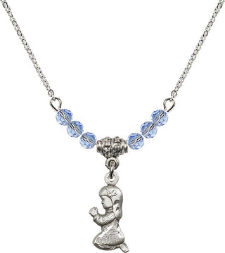18" Rhodium Plated Necklace with 4mm Light Sapphire Crystal Beads featuring a Sterling Silver Praying Girl Medal.