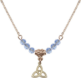 18" Hamilton Gold Plated Necklace with 4mm Light Sapphire Crystal Beads featuring a 14kt Gold Filled Trinity Irish Knot Medal.