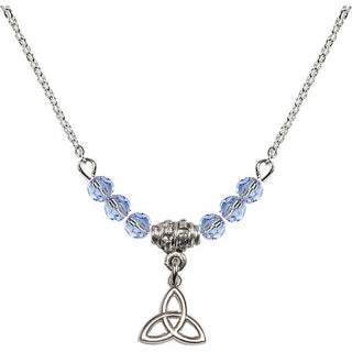 18" Rhodium Plated Necklace with 4mm Light Sapphire Crystal Beads featuring a Sterling Silver Trinity Irish Knot Medal.