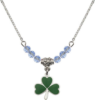 18" Rhodium Plated Necklace with 4mm Light Sapphire Crystal Beads featuring a Sterling Silver Shamrock Medal.