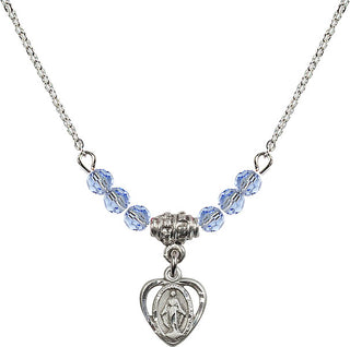 18" Rhodium Plated Necklace with 4mm Light Sapphire Crystal Beads featuring a Sterling Silver Miraculous Medal.